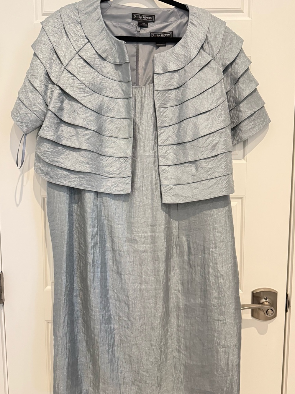 Jessica Howard Silver-Gray Layered Jacket Midi Dress